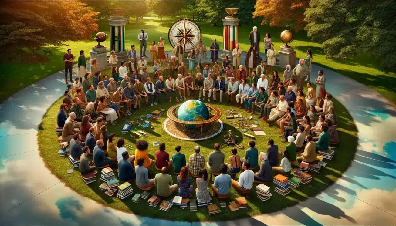 Grupo diverso de personas en animada discusión al aire libre, rodeando objetos educativos como un globo terráqueo y libros, en un parque soleado.