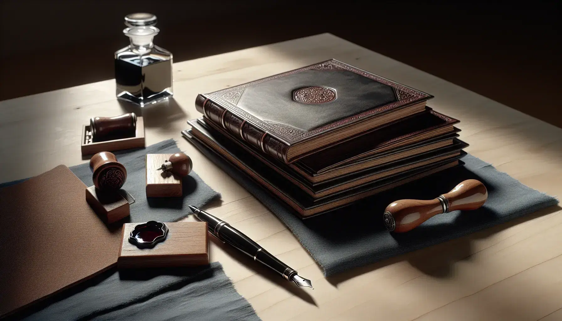 Mesa de madera pulida con documentos encuadernados en cuero marrón, pluma estilográfica negra y tintero de vidrio, junto a sello de lacre rojo oscuro.