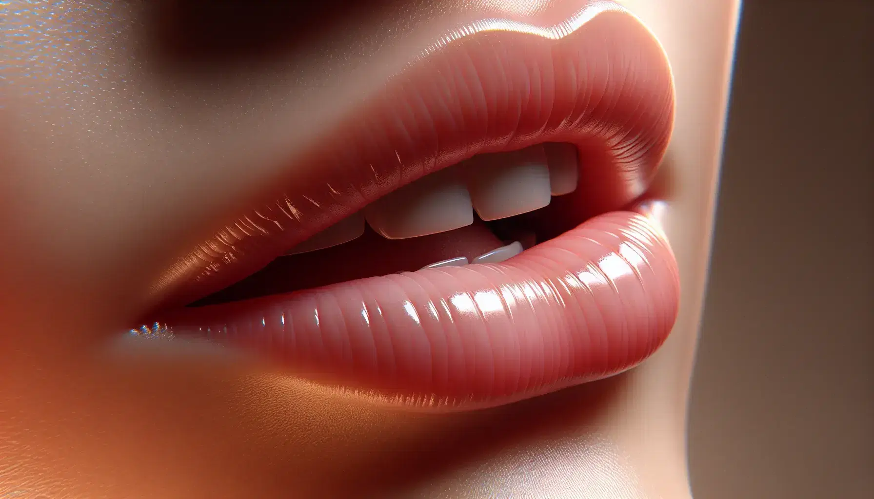 Close-up side view of a human mouth with slightly parted lips, revealing upper teeth slightly overlapping lower teeth, set against a blurred beige background.