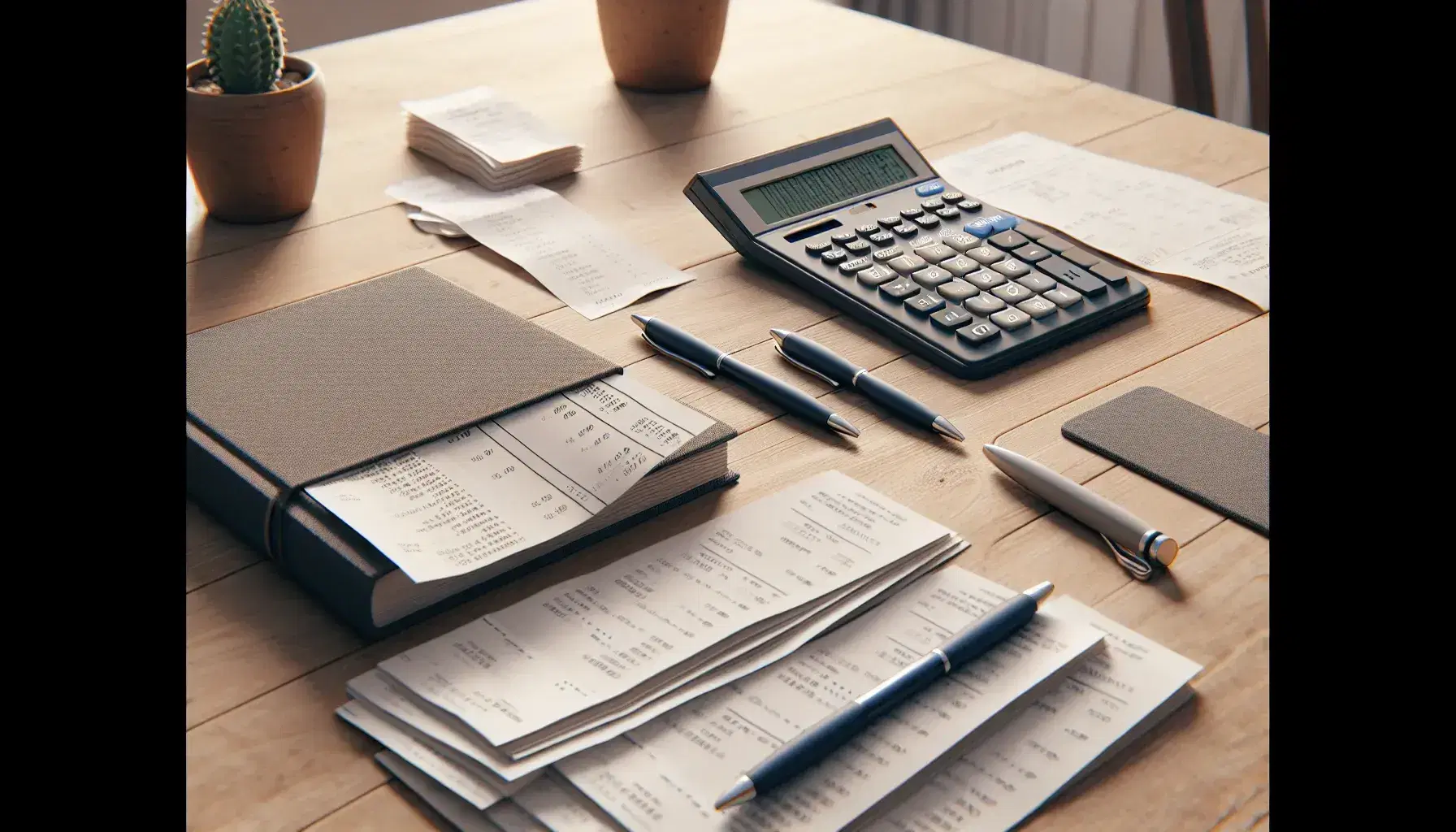 Mesa de madera clara con calculadora gris, libro de contabilidad abierto, bolígrafos azul y negro, y montón de recibos desordenados, planta al fondo.