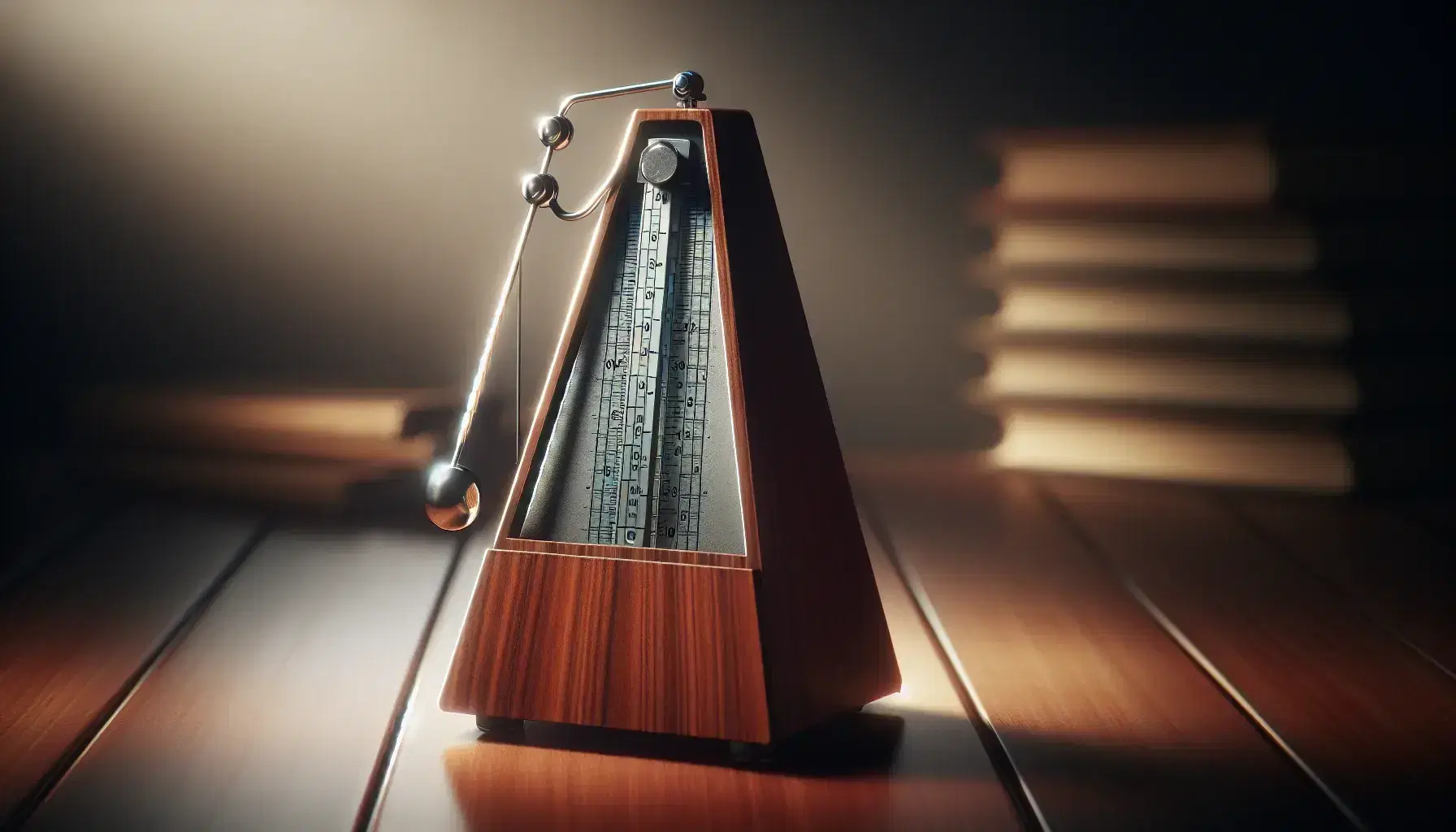 Traditional wooden metronome with black pendulum and silver weight set in a scholarly environment with soft, muted background tones.