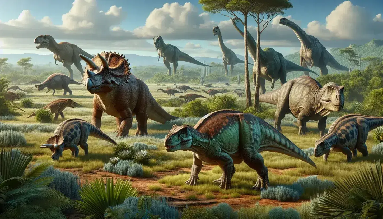 Paisaje prehistórico con Triceratops marrón en primer plano, T-Rex verde y marrón al fondo y Diplodocus de cuello largo entre vegetación y cielo azul.