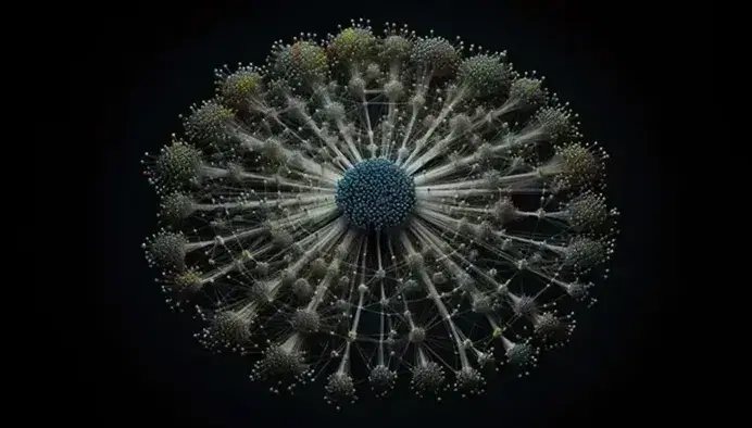 Complex network visualization with a dense cluster of blue nodes at the center connected by silver lines to peripheral nodes in green, yellow, and red.