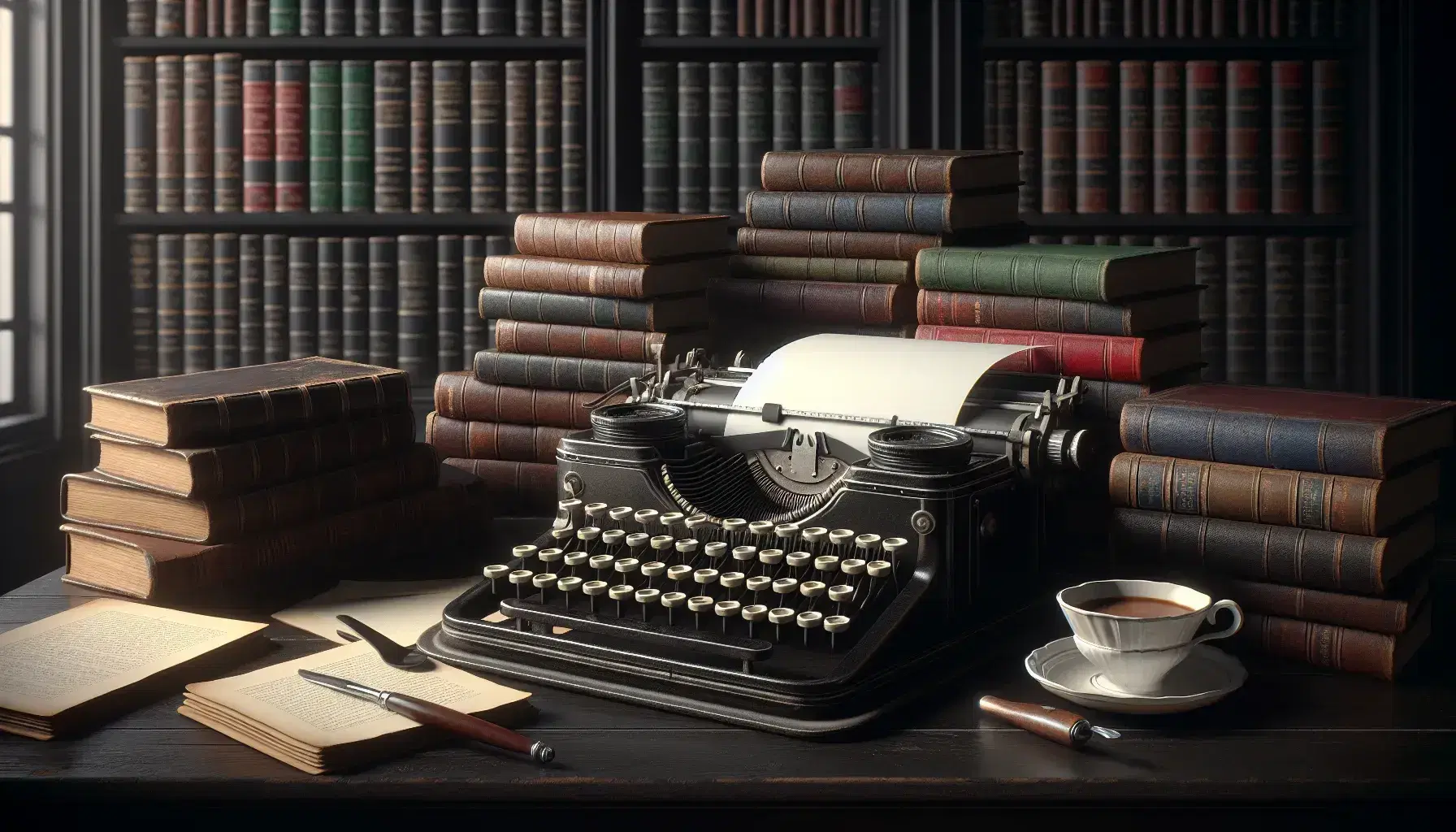 Macchina da scrivere vintage su scrivania in legno scuro con foglio bianco, accanto pile di libri rilegati e tazza di caffè, illuminati da luce naturale.