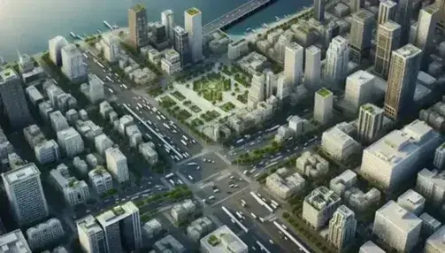 Vista aerea di città densamente popolata con strade trafficate, grattacieli, parco verde, case basse e fiume con ponti.