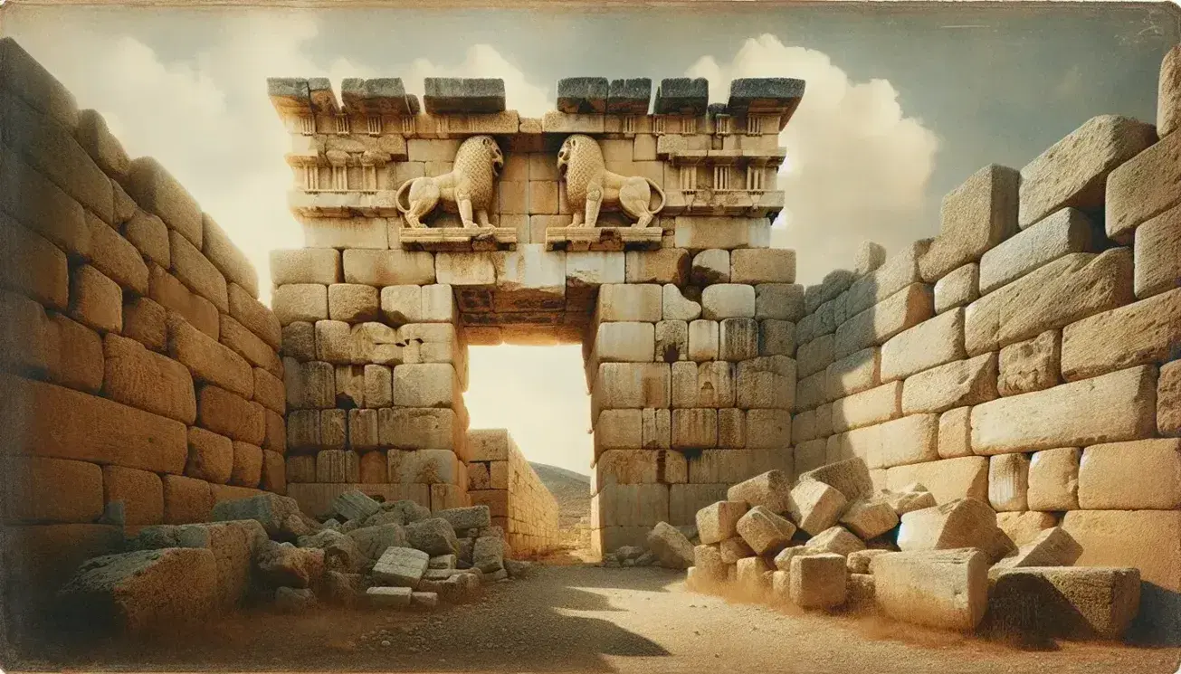 Porta dei Leoni a Micene, antica struttura in pietra con rilievo di due leoni e colonna, circondata da mura ciclopiche sotto un cielo azzurro.