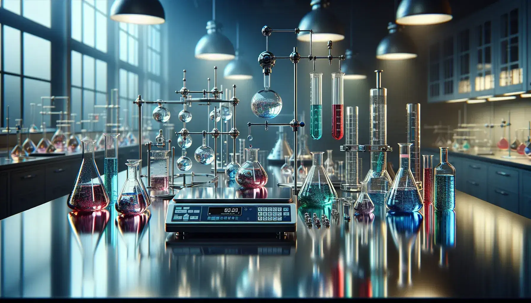 Laboratorio scientifico moderno con tavolo in acciaio, becher colorati, provette, bilancia analitica digitale e mano con pipetta.