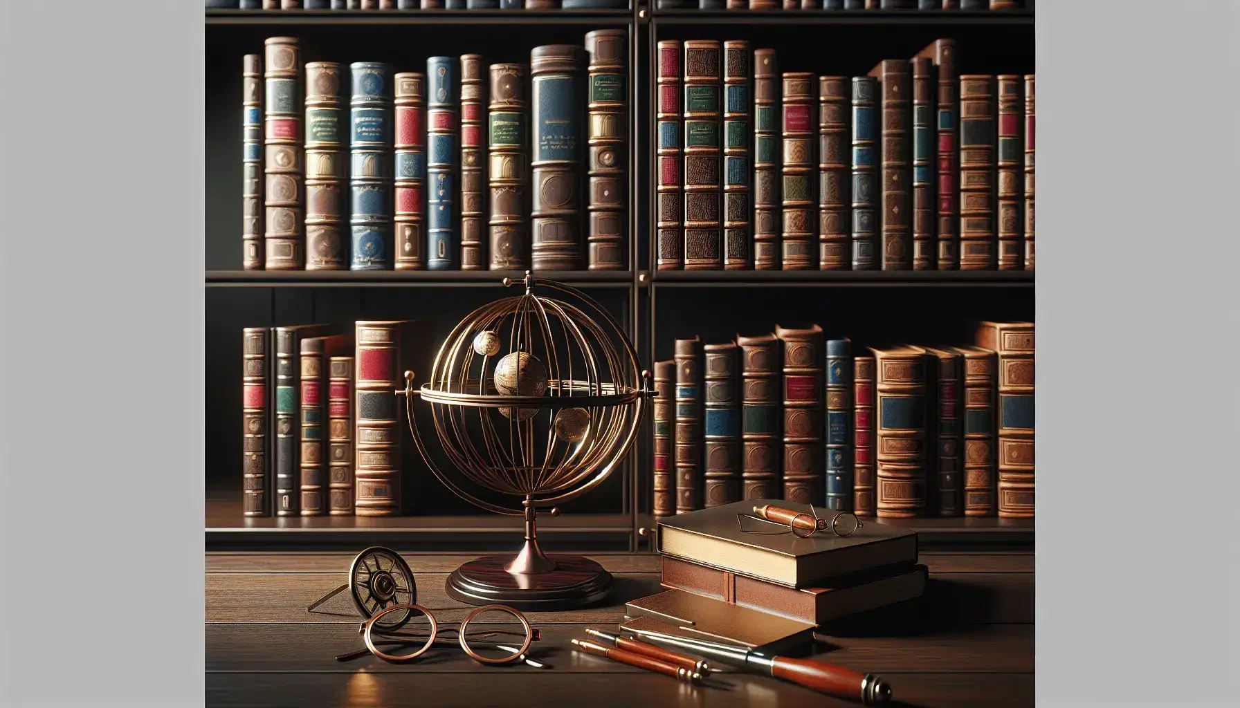 Estantería de madera oscura con libros de tapa dura en tonos variados y esfera armilar metálica junto a gafas redondas y lupa sobre superficie plana.
