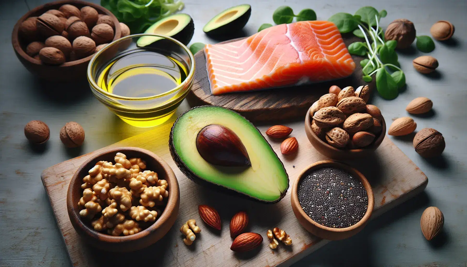 Variedad de alimentos saludables con aguacate, nueces, semillas de chia, filete de salmón y aceite de oliva en superficie de madera clara.