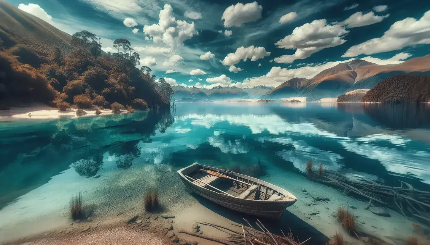 Lago calmo con riflessi del cielo azzurro e nuvole, montagne innevate sullo sfondo, vegetazione rigogliosa e barca in legno sulla riva.