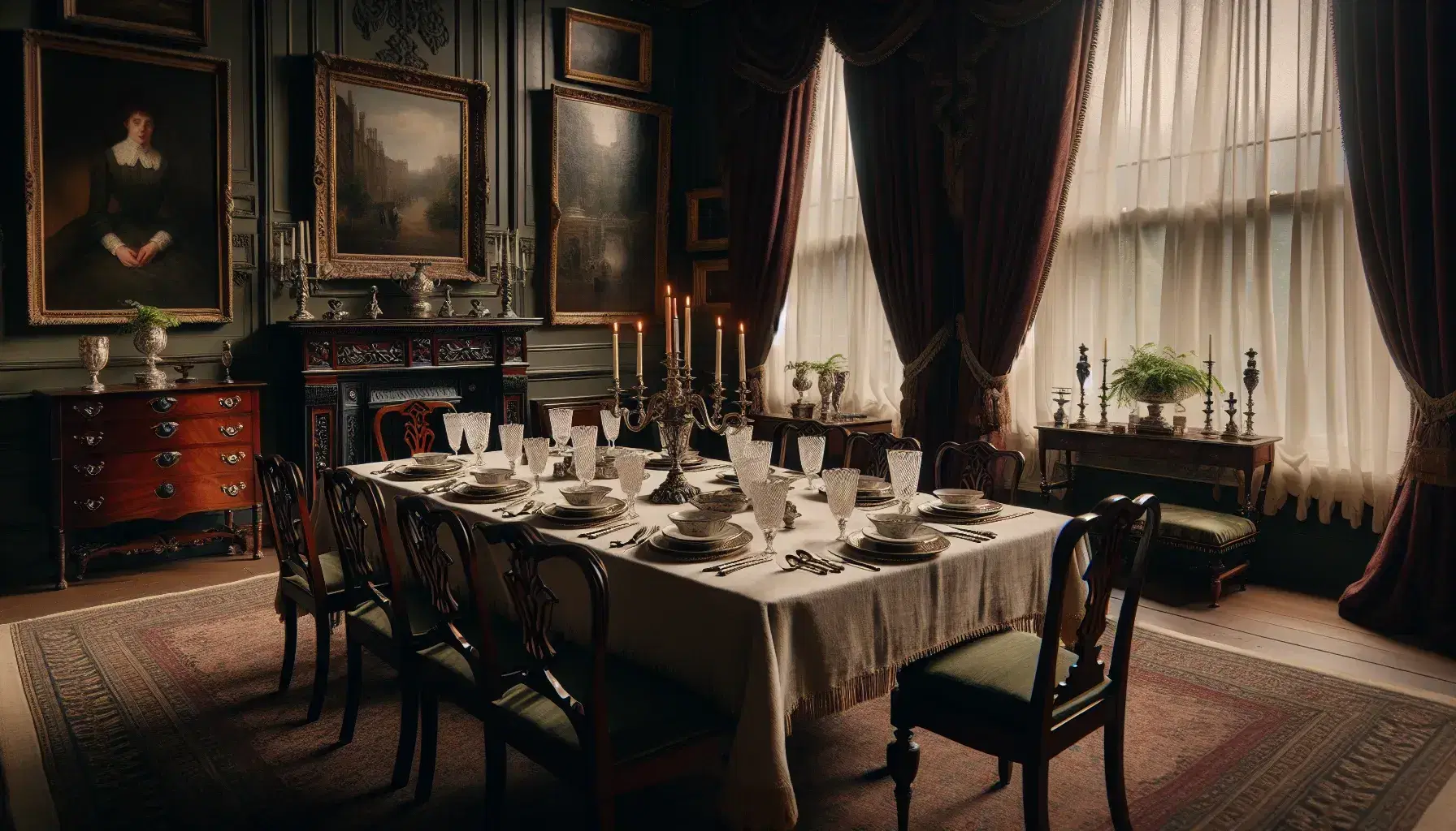 Elegant early 20th-century drawing room with a mahogany table set for dinner, green upholstered chairs, and ornate decor including a chandelier and Persian rug.