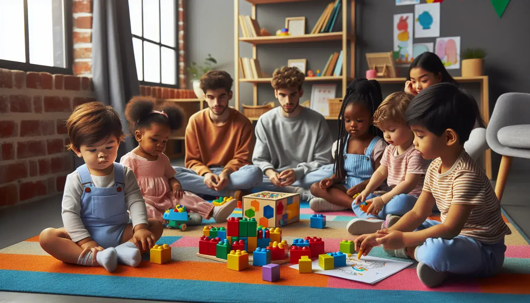 Niños diversos jugando y aprendiendo juntos en una habitación iluminada naturalmente, con juguetes educativos y libros al fondo.