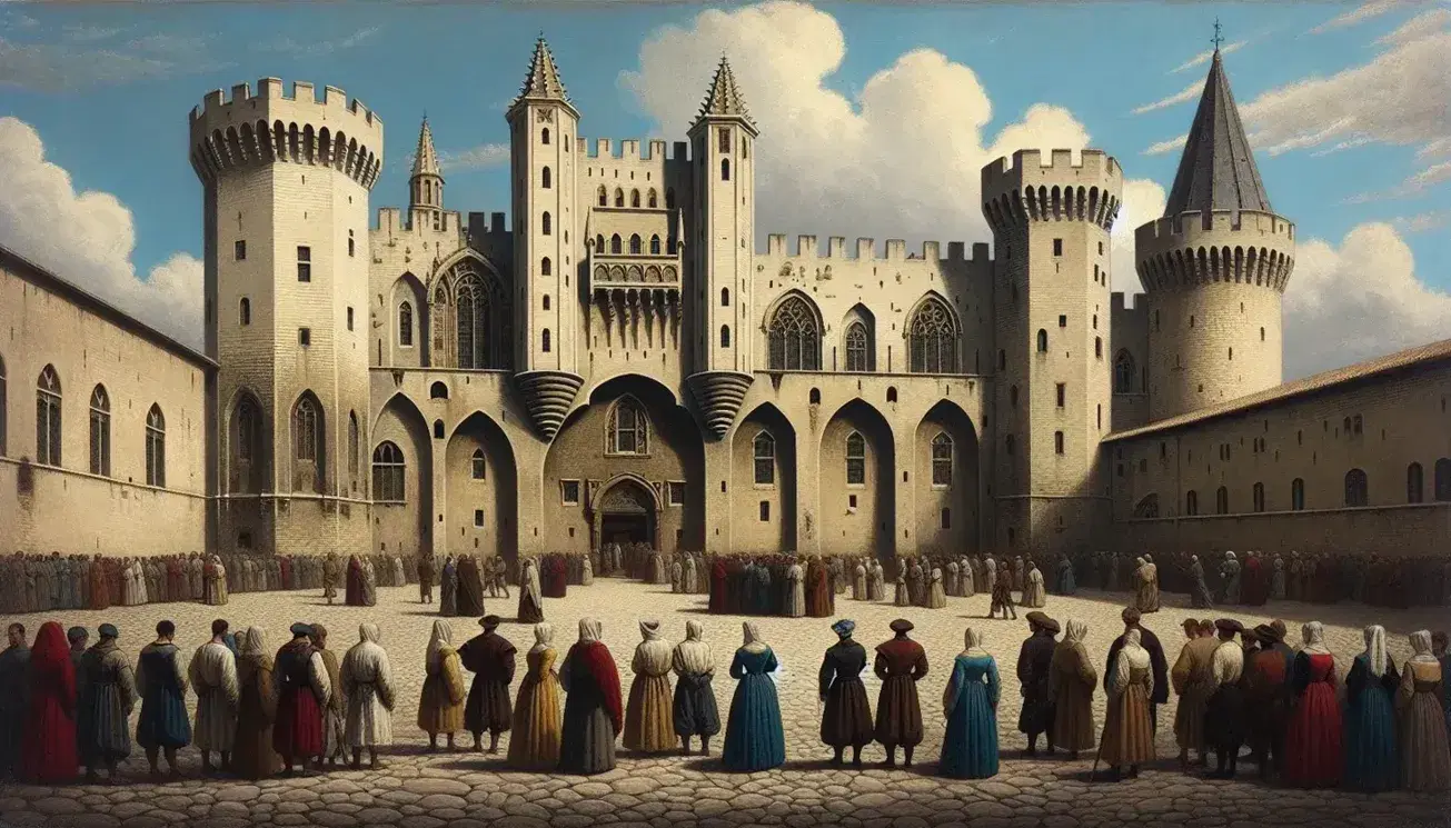 Palazzo Papale di Avignone in stile gotico con torri merlate, archi a sesto acuto e figure in abiti medievali su pavimento in pietra.