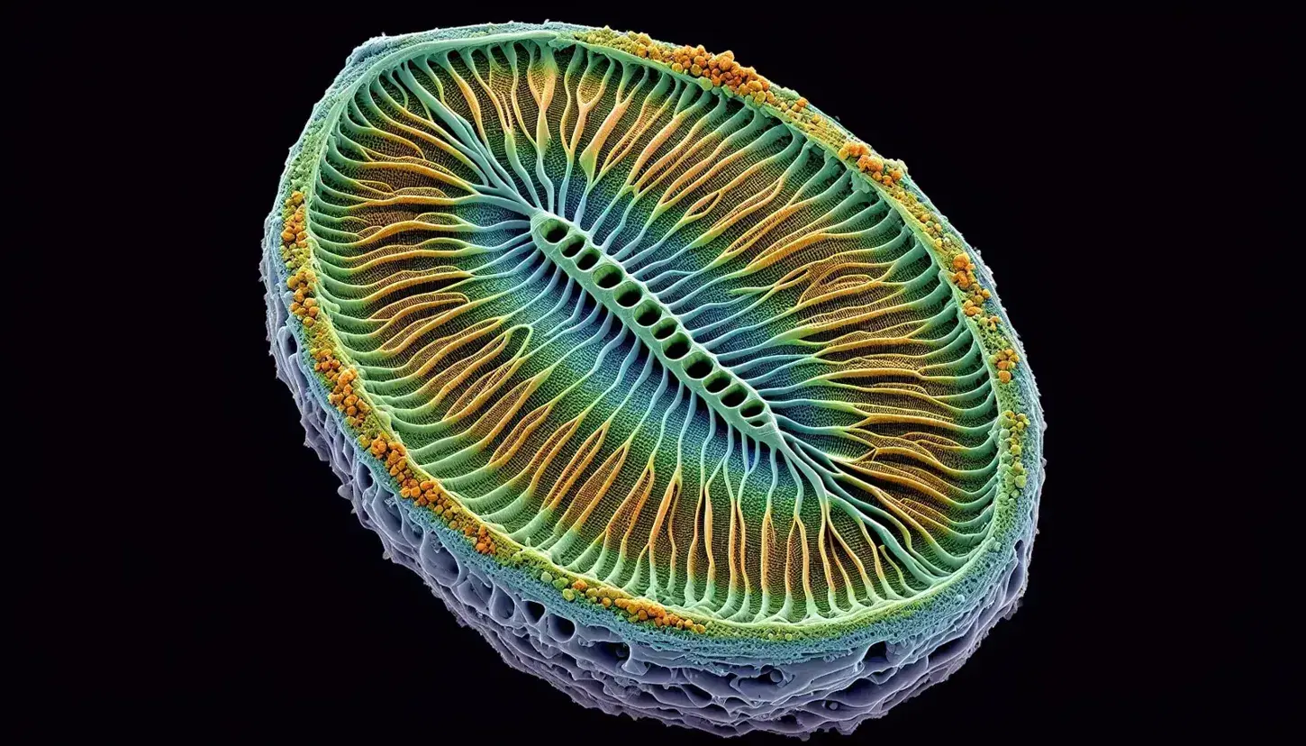 Diatomea unicellulare colorata al microscopio elettronico a scansione, con dettagli intricati su sfondo nero.