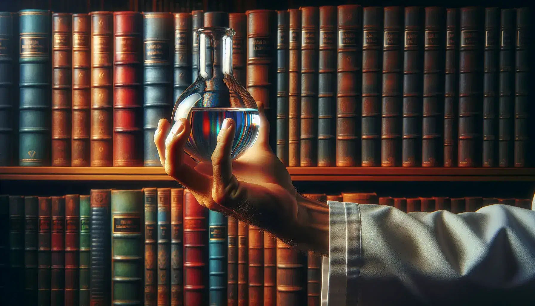 Scientist's hand holding a glass flask with clear liquid, reflecting light with colorful spectrum, against a blurred backdrop of multicolored books on a shelf.