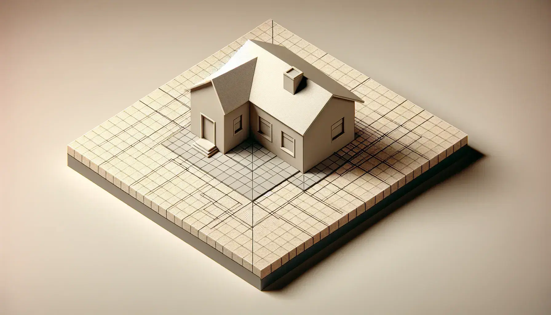 Modello 3D stilizzato di casa senza dettagli su griglia isometrica, evidenziando forme geometriche e spazio.