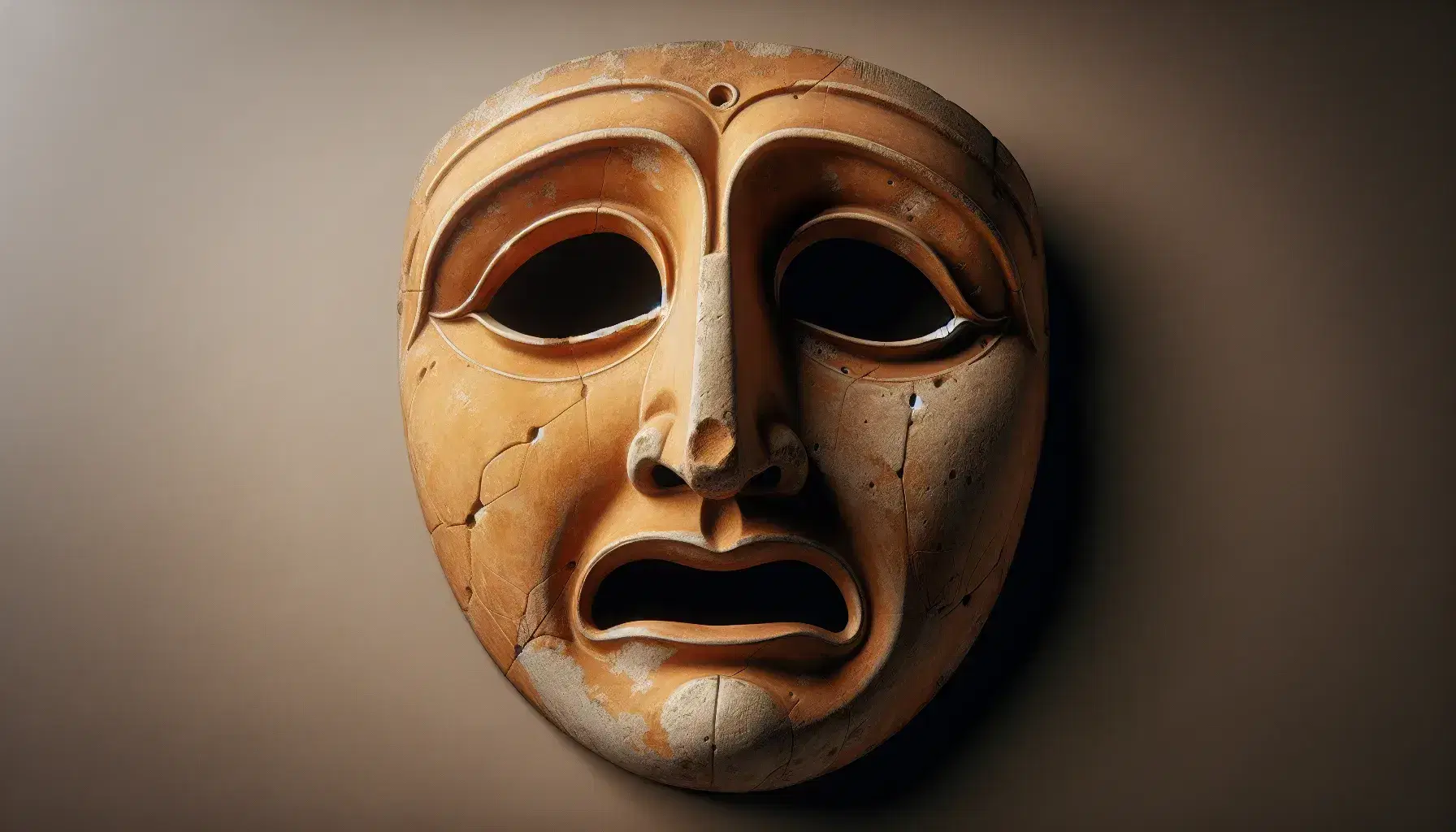 Máscara teatral griega antigua de terracota con expresión dramática, ojos grandes y boca abierta, en tonos beige y marrón, con textura desgastada.