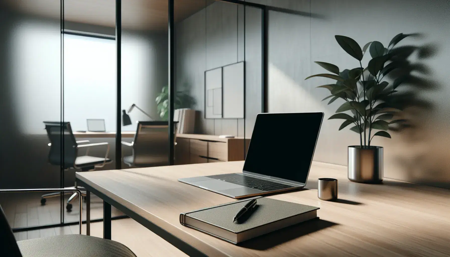 Modern office with wooden desk, silver laptop, black notebook with pen, green plant and ergonomic chair with person sitting in background.