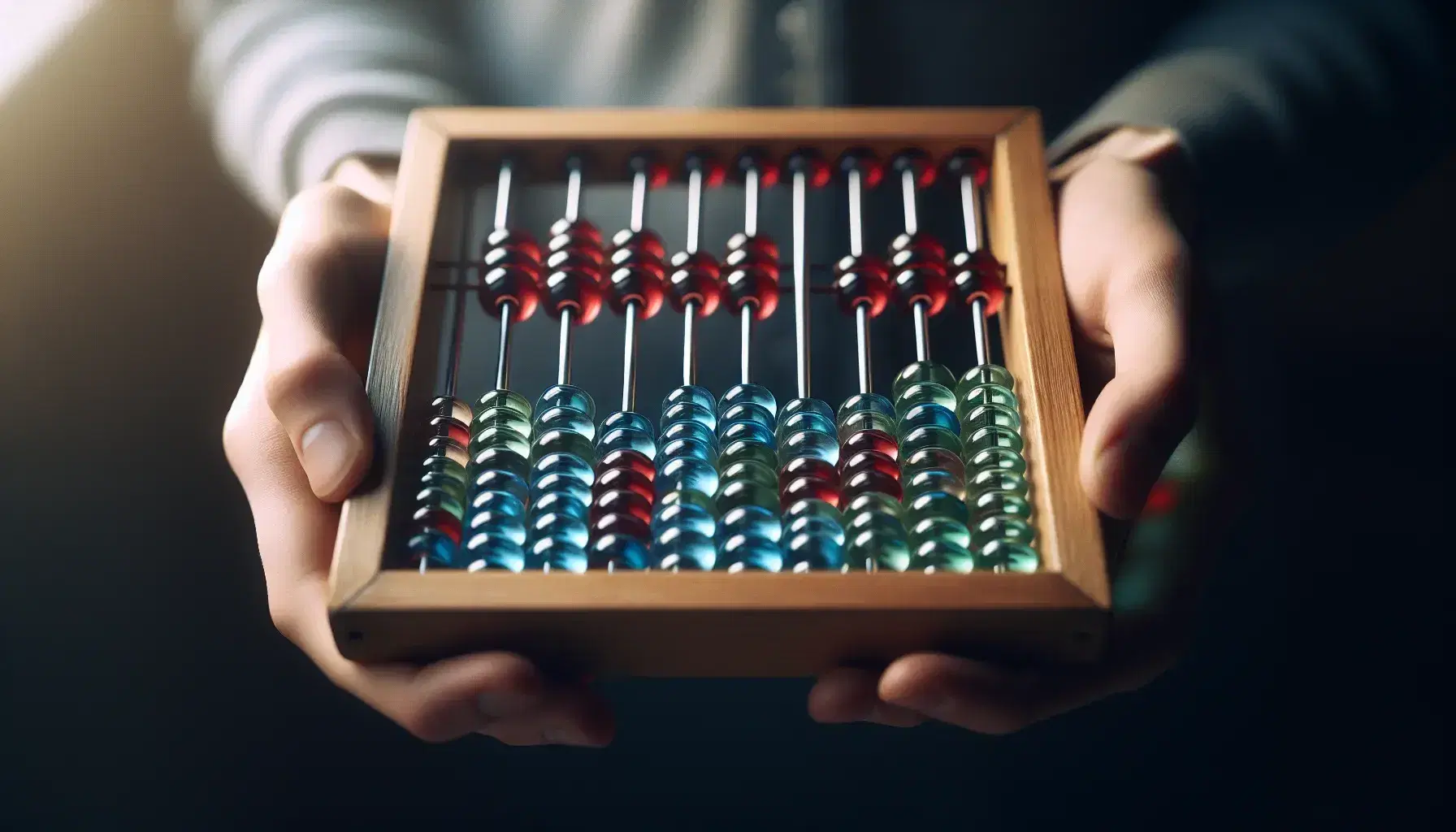 Close-up view of hands holding a transparent glass abacus with colorful beads and a polished wooden frame, indicating recent use.
