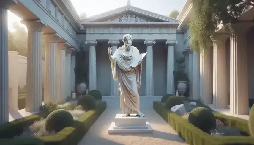 Estatua de mármol blanco de Platón con túnica y papiro en un jardín con flores y columnas griegas al fondo, bajo luz solar suave.