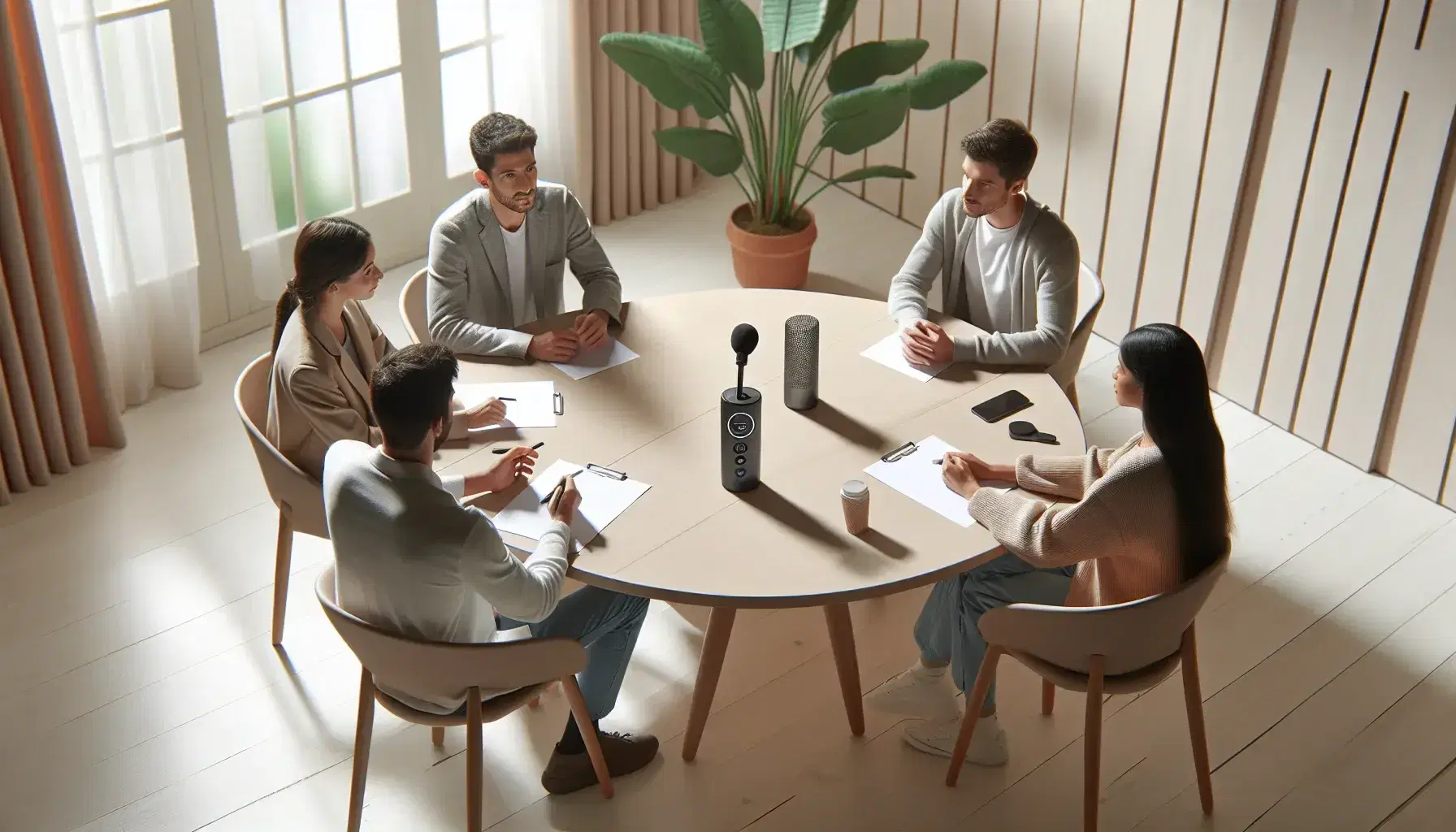 Grupo diverso de cinco personas en reunión alrededor de una mesa redonda con papel y bolígrafo, conversando activamente con grabadora digital en el centro.