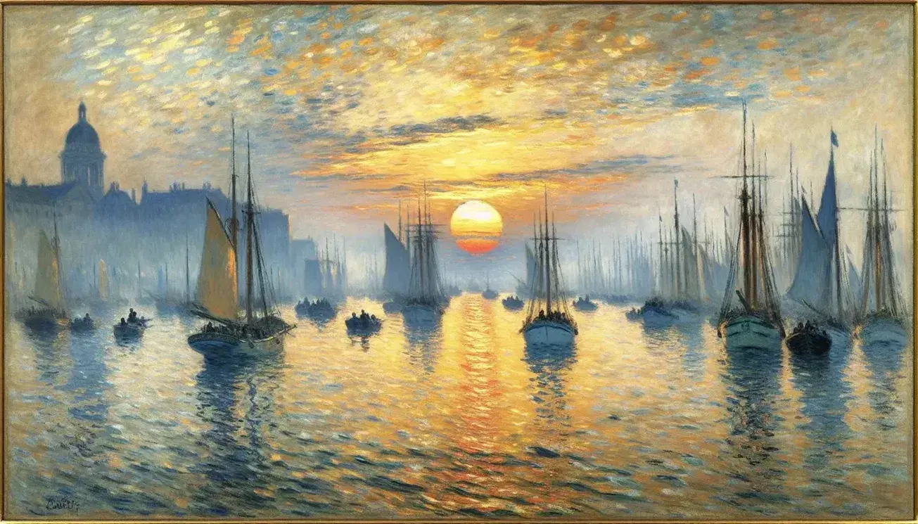 Riproduzione del quadro 'Impression, Sunrise' di Monet, con sole nascente, riflessi dorati sul mare e barche a vela in un porto.