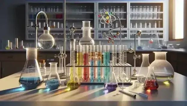 Laboratorio de química con tubos de ensayo de colores, matraz Erlenmeyer, vaso de precipitados y quemador Bunsen en una mesa de trabajo iluminada.