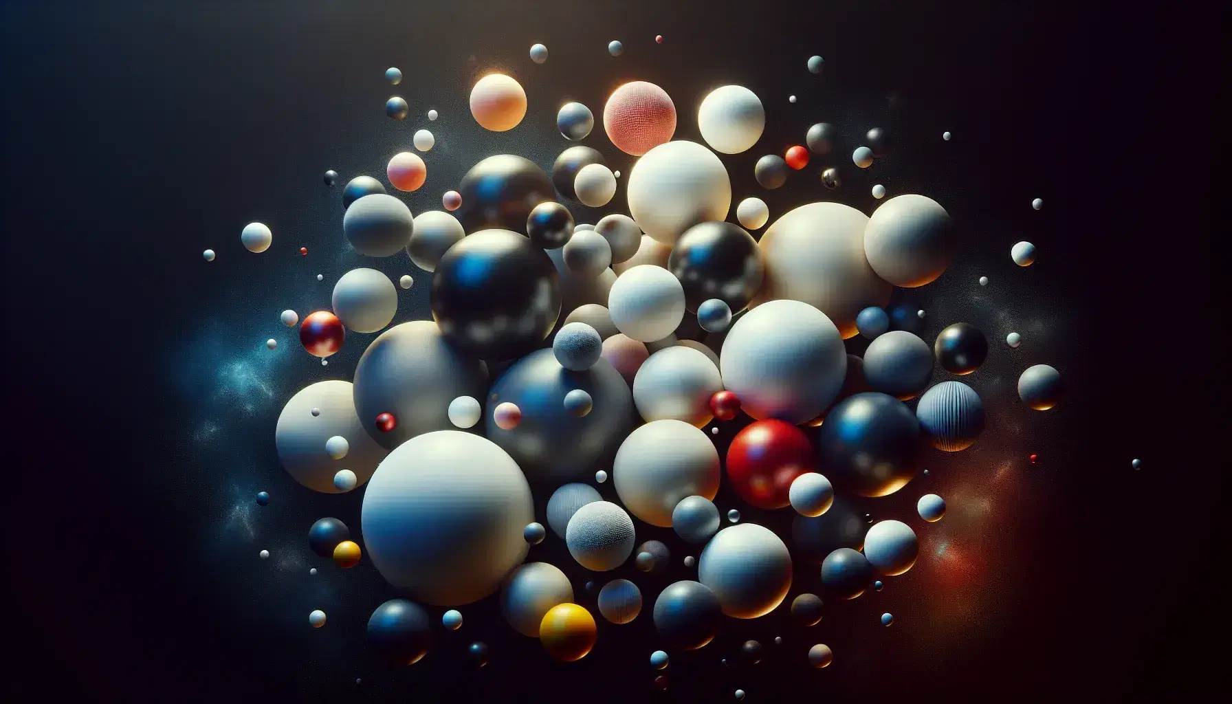 Sfere colorate sospese nello spazio cosmico su sfondo nero, con effetti di luce e ombre che creano profondità e volume.