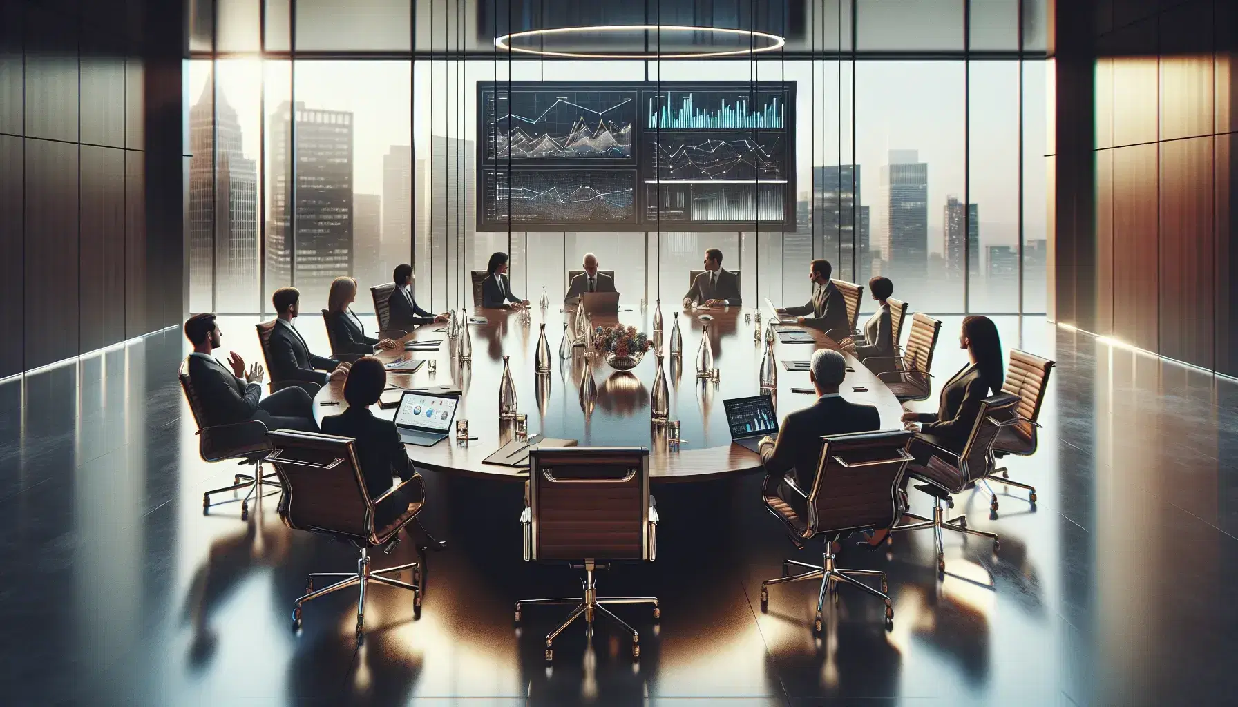 Diverse corporate boardroom with large oval table, high-back chairs, laptops displaying data, glass water bottles, and city skyline view.