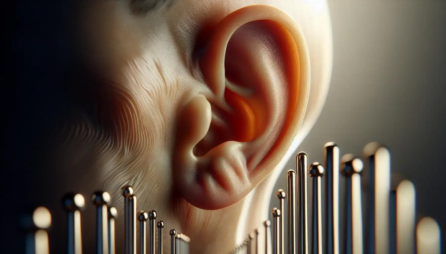Close-up view of a human ear showcasing the outer structure with a set of polished tuning forks in the foreground, against a blurred background.