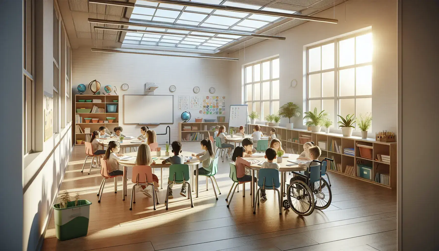 Aula escolar inclusiva con niños diversos sentados alrededor de una mesa redonda, acceso para silla de ruedas y estantes con material educativo.