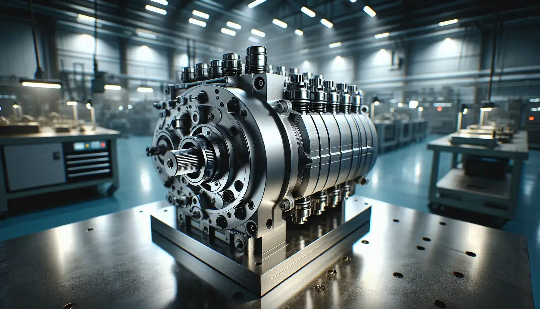 Motor hidráulico de pistones axiales con carcasa metálica en superficie de trabajo, rodeado de herramientas industriales en un entorno con iluminación fluorescente.
