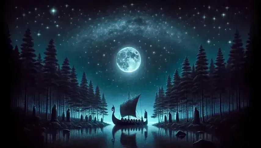 Serene Nordic forest clearing under a starry night sky with a full moon illuminating a Viking longship and wooden statues of Odin, Thor, and Freyja.