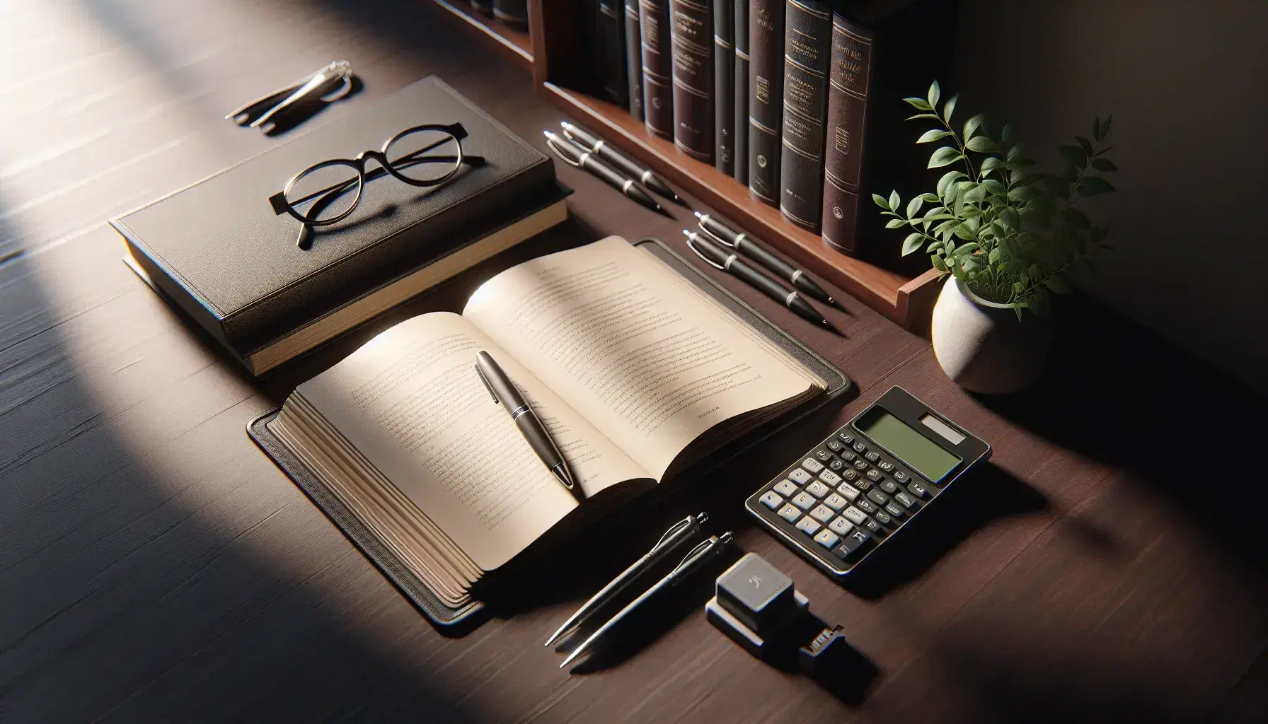 Escritorio de madera con libro abierto, calculadora científica, gafas metálicas y bolígrafos alineados, junto a planta en maceta y estantería con libros al fondo.
