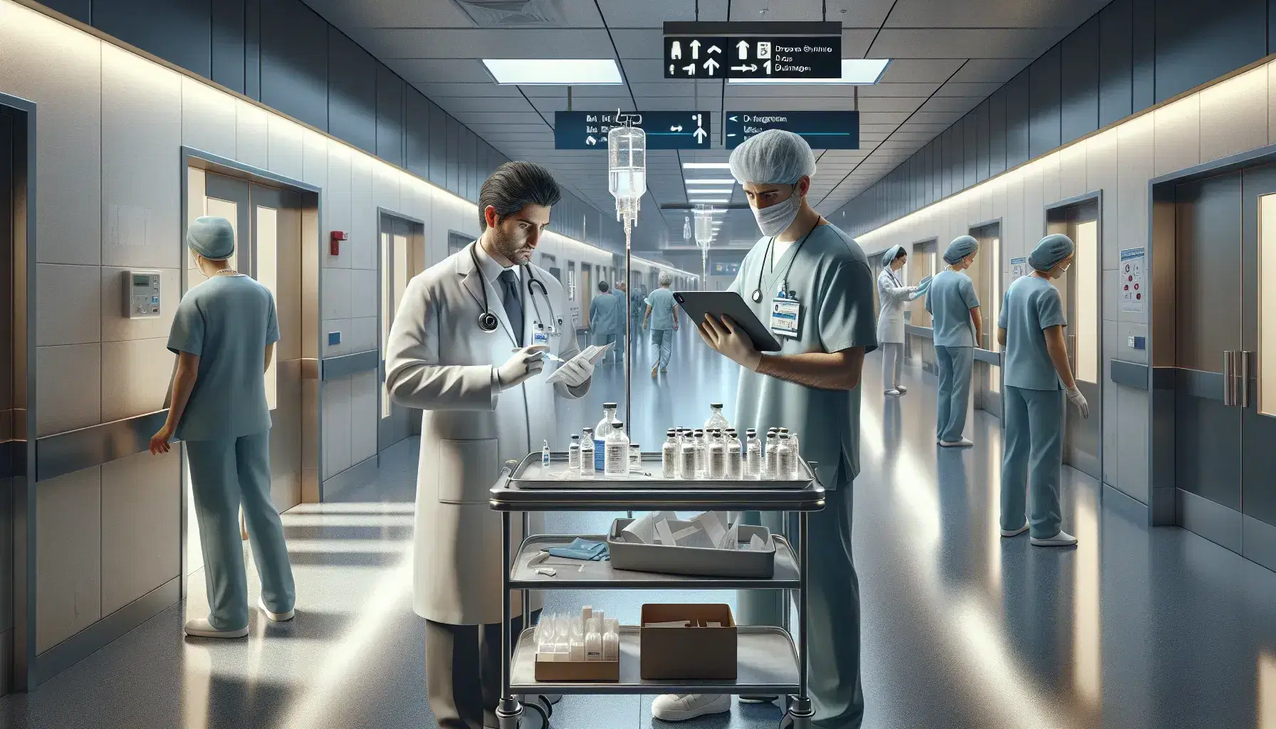 Profesionales de la salud trabajando en un hospital, con un médico revisando una tableta y una enfermera administrando medicación, en un pasillo iluminado.