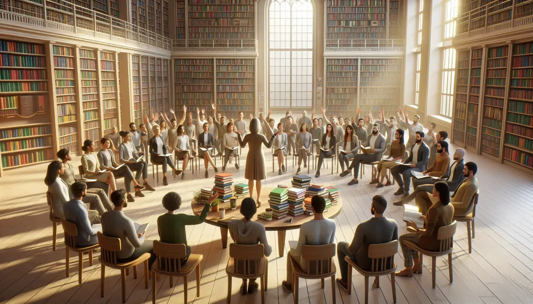 Grupo diverso de personas en una biblioteca universitaria participando en un seminario interactivo, con una mujer de pie liderando la discusión.