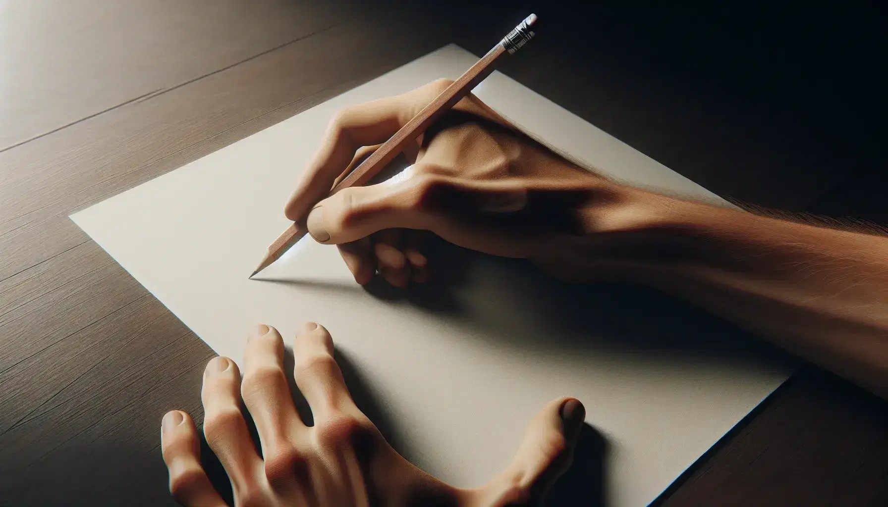 Mano sujetando lápiz de madera sobre papel en blanco listo para escribir, en mesa oscura, con iluminación suave que resalta detalles.