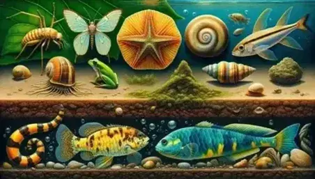 Variedad de fauna con insecto alado, caracol en suelo húmedo, estrella de mar naranja, pez colorido y rana verde en rama, en hábitat natural.