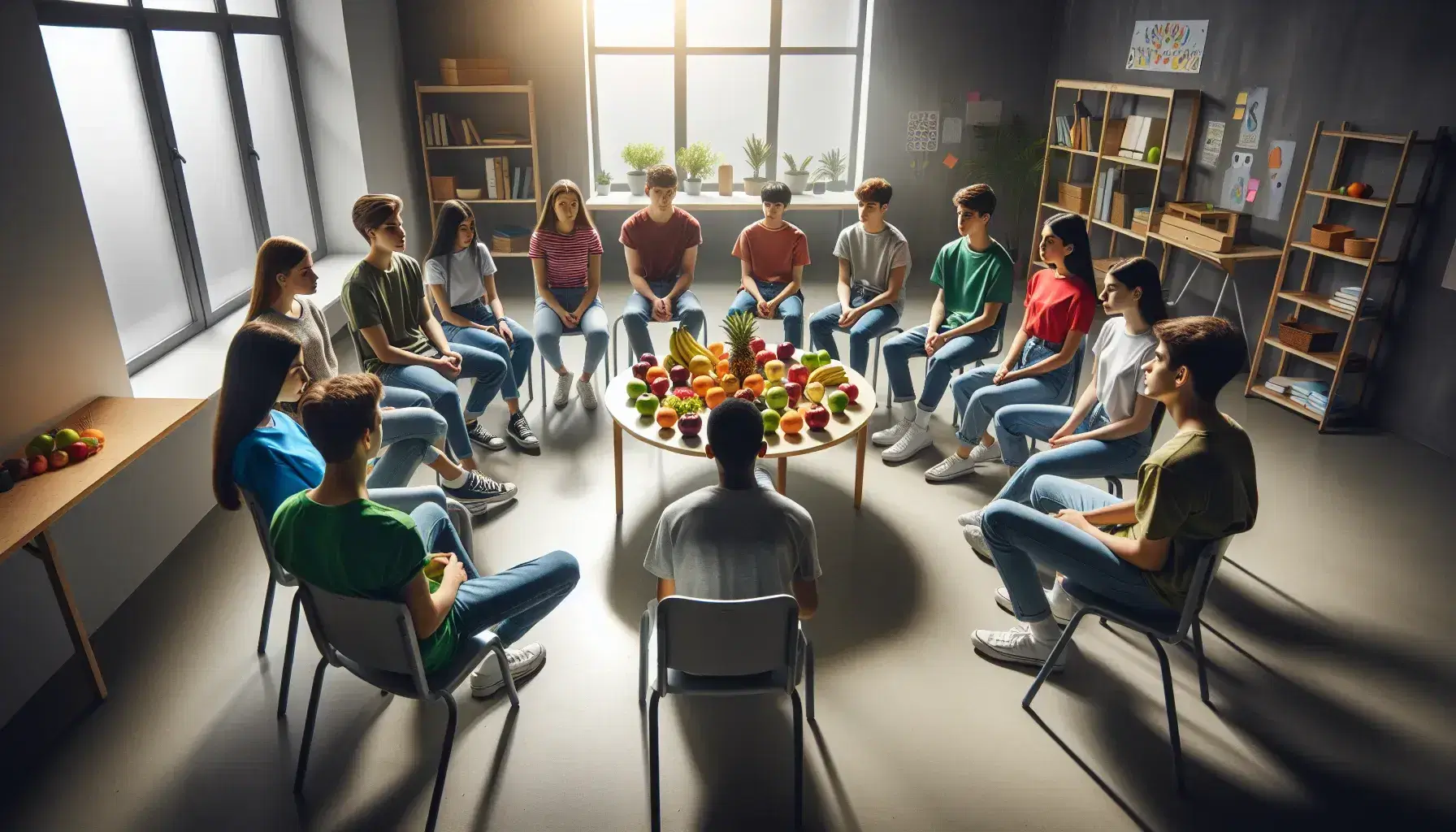 Gruppo di adolescenti seduti in cerchio in aula con frutta fresca su tavolo, conversano in ambiente luminoso e accogliente.