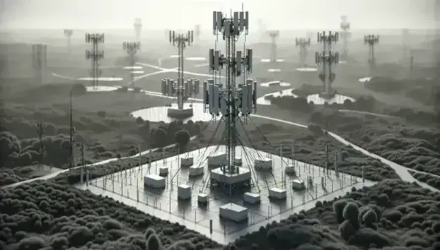 Landscape with cell towers equipped with panel antennas arranged in a triangle for 360 degree coverage in a rural setting, clear sky.