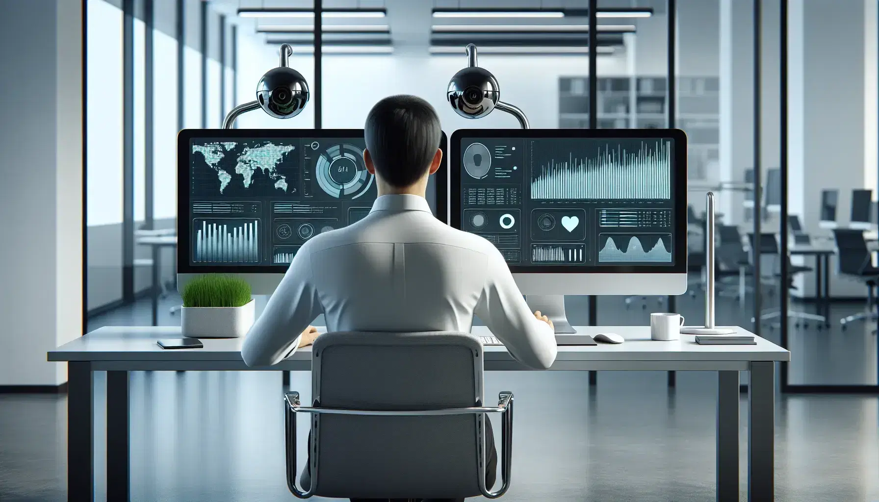 Modern office setup with dual-monitor computer displaying data charts, employee working, and a surveillance camera overseeing the minimalist space.