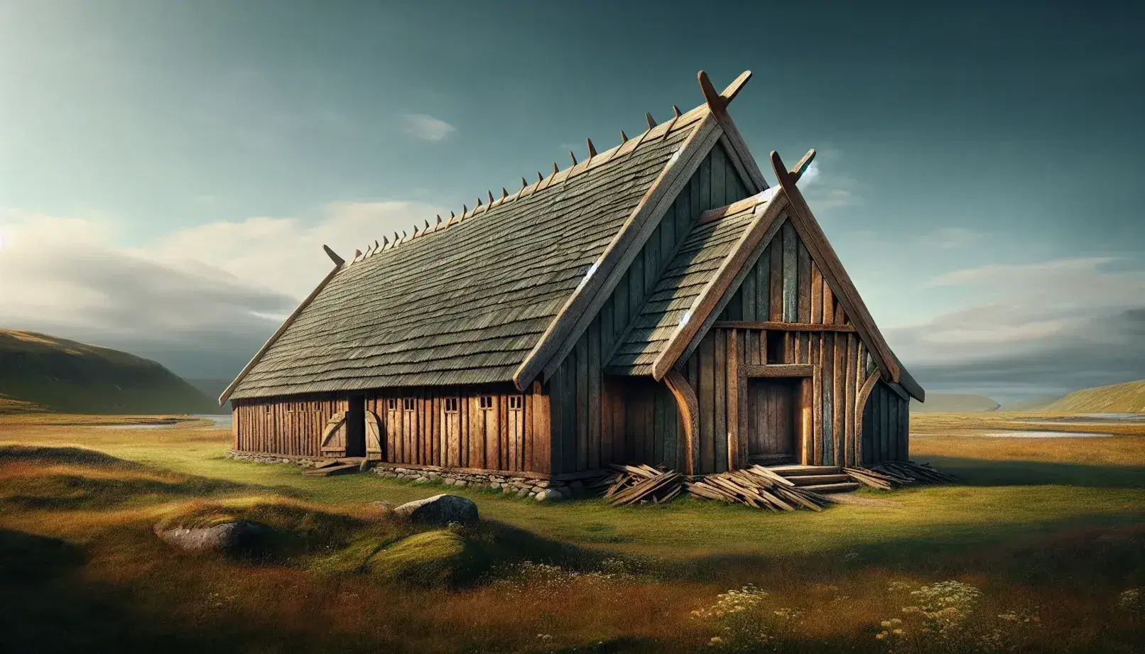 Well-preserved Viking longhouse with steeply pitched roof and dark wooden walls, set against a clear blue sky in a grassy landscape with wildflowers.