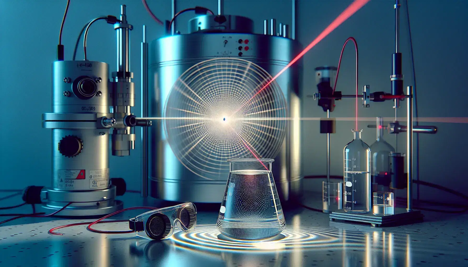 Laboratory setup with a beaker, red laser beam creating a diffraction pattern on a screen, and a vacuum chamber with a blue glow, surrounded by clean glassware.