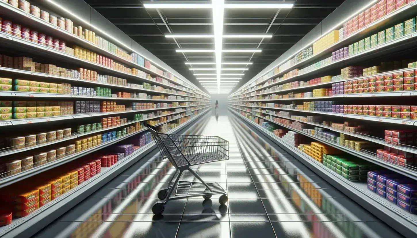 Carrello della spesa parzialmente pieno in primo piano con scaffali di supermercato colorati sullo sfondo e figura umana sfocata.