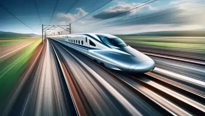 High speed bullet train moving with blur effect for speed, silver and blue colors, runs through country landscape under blue sky.