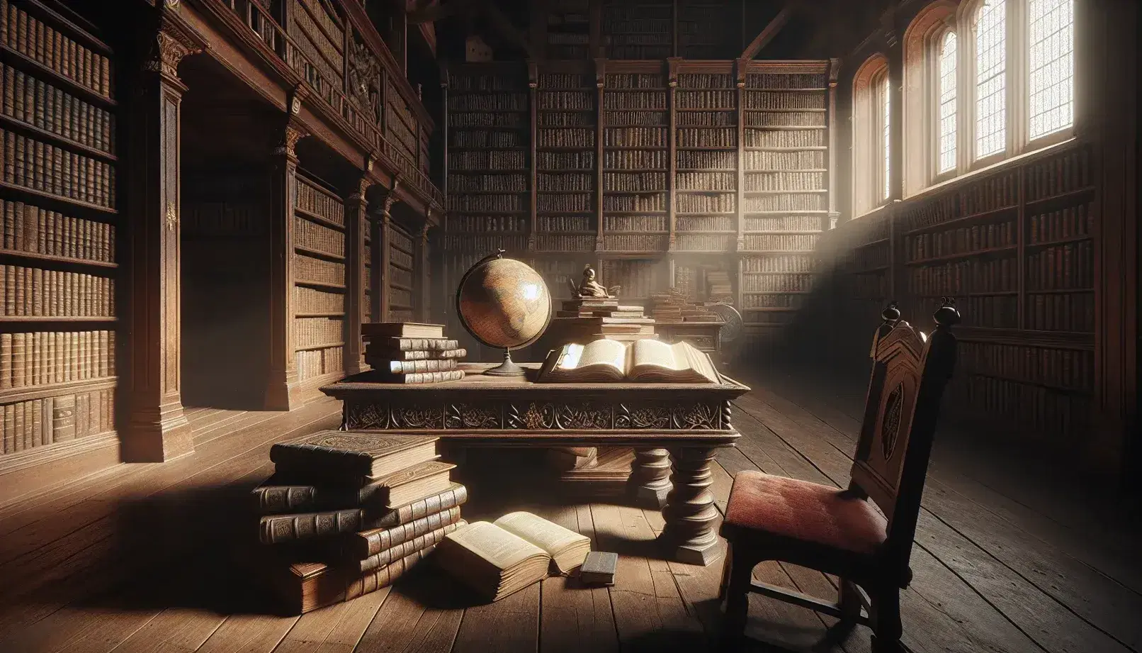 Biblioteca antigua con mesa de madera oscura y libros abiertos, globo antiguo y estantería repleta, iluminada por luz natural.