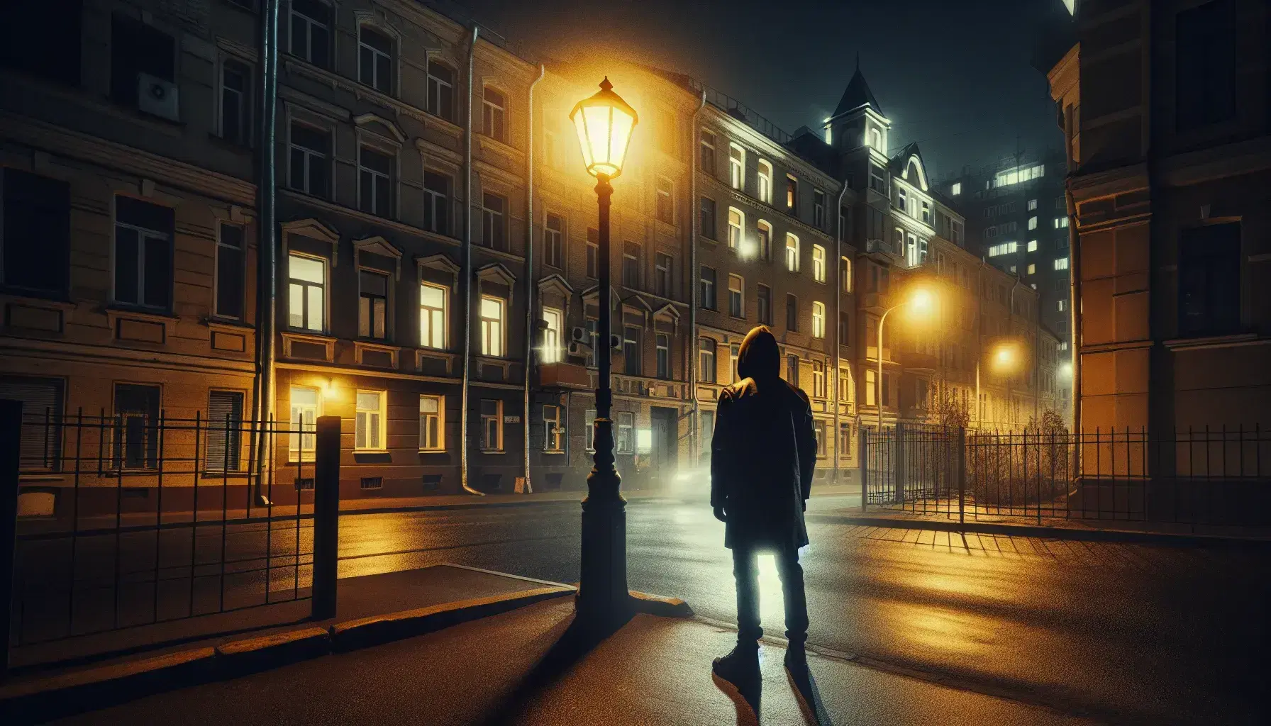 Escena nocturna urbana con figura humana de espaldas bajo farola encendida, edificios con ventanas iluminadas y calle vacía reflejando luz tenue.