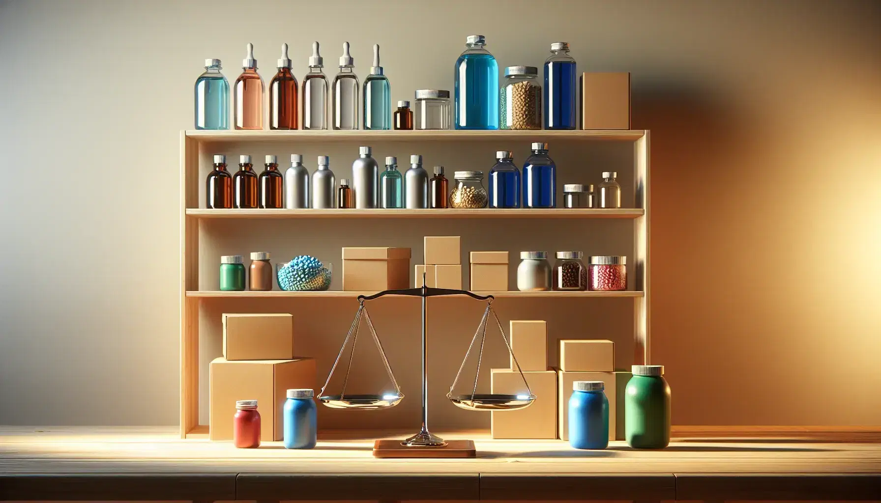 Estante de madera con botellas de vidrio y cajas de cartón, balanza de precisión y frascos con tapas de colores en mesa iluminada.
