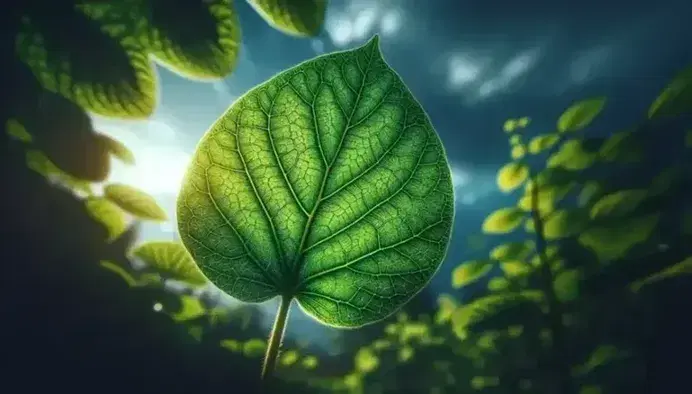 Hoja verde vibrante con red de venas iluminada por el sol, fondo de cielo azul con nubes dispersas y vegetación desenfocada.