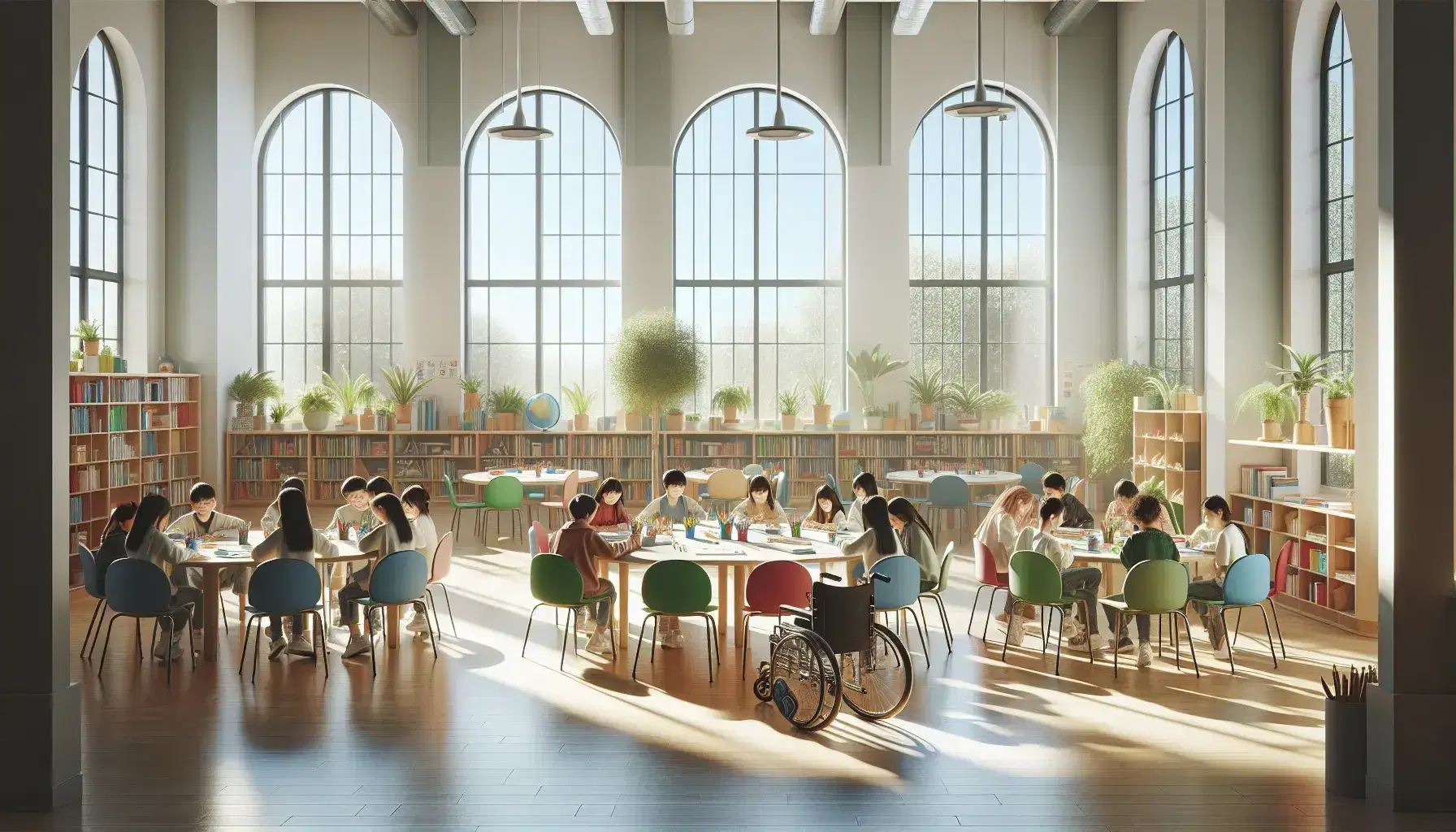 Aula inclusiva con estudiantes diversos colaborando alrededor de una mesa redonda, rodeados de estanterías y plantas, con silla de ruedas indicando accesibilidad.